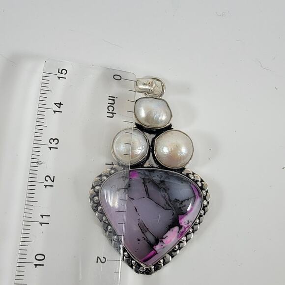 Handmade Silver Pendant with Pink Jasper Heart, Freshwater Pearls & 925 Setting - Picture 2 of 10